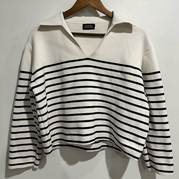 MONOPRIX Striped 100% Cotton Collared Vneck Cropped Long Sleeve Size M - Picture 3 of 6